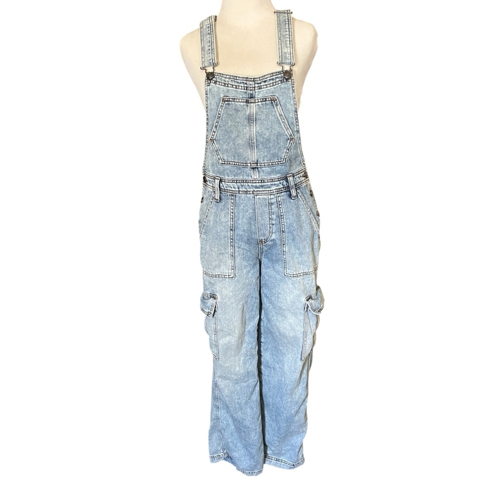 Aerie Denim Cargo Overalls XS Light Wash Wide Leg Adjustable Straps